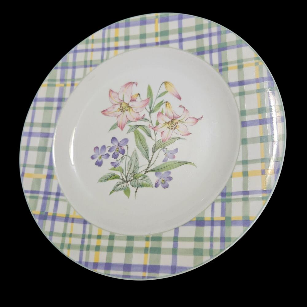 Studio Nova Country Blossom Salad Plates Set 2 Floral Plaid Rim China